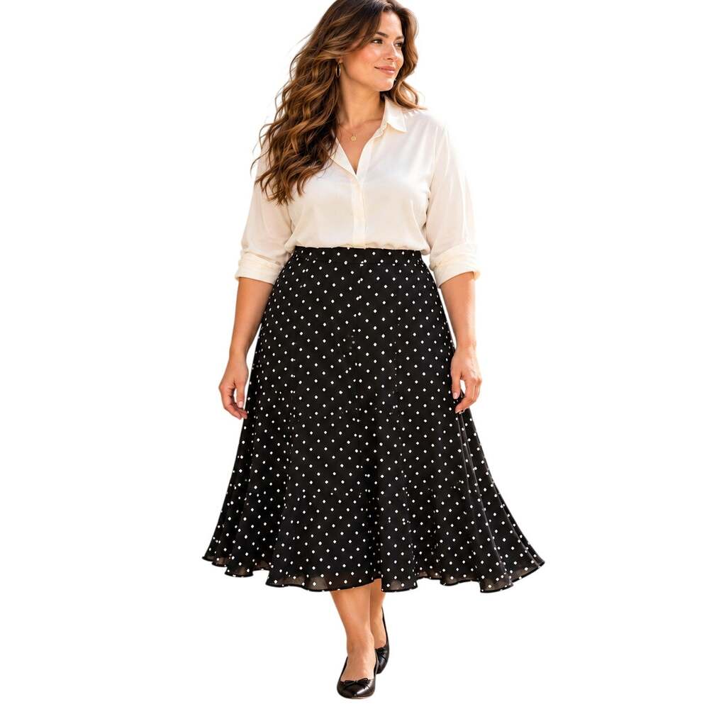 Jones New York Silk Skirt Womens 24W Black White Polka Dot Midi Flowy Plus